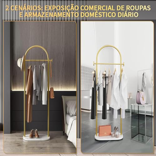 Rack Vertical de Casaco, Arara de Roupas, Cabideiro de Chão, Arara Cabideiro, com Base de Mármore, Prateleiras de Roupas com Prateleiras, 168 x 40cm, Dourado