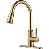 WOWOW Gold Kitchen Faucet with Sprayer - 304 Stainless Steel Kitchen Sink Faucet High Arc Pull Down Design for 1 or 3 Hole, Vintage Style