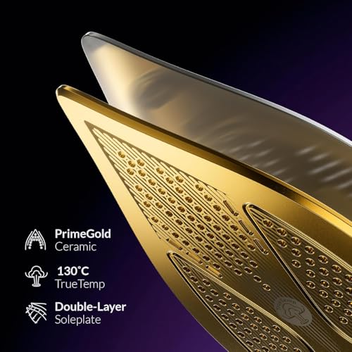 Feller Germany Vanguard Series Steam Iron, 2600W, Prime Gold Ceramic Double Sole Plate with Anti Calc, Auto Shut off, TrueTemp, Easy One Button Steam, SI260, 2Y Guarantee-UAE Version (Gold)