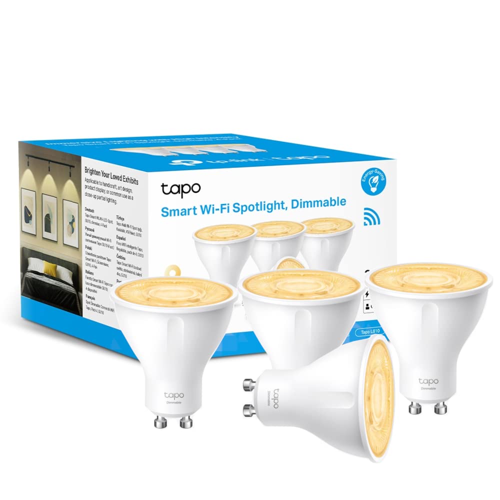 Tapo L610 (4-Pack) Smart Bulb, Alexa Light Bulb, WiFi Smart Light Bulb, GU10 Lamp Base, 1-100% Dimmable Wi-Fi LED Spotlight Bulbs, High Lumen, Remote Control, Voice Control with Alexa & Google