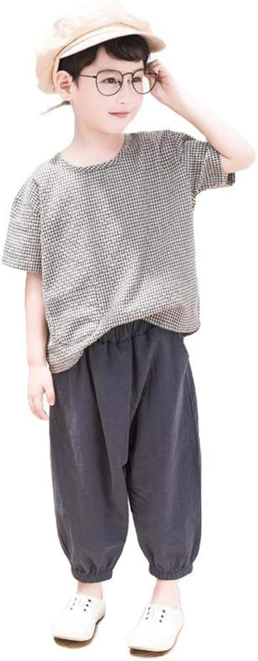 Amazon 韓国子供服 セットアップ 男の子 夏服 綿麻 Tシャツ カジュアルパンツ 2点セット チェック柄 トップス 丸首 七分丈 カジュアル シンプル キッズ ボーイズ 上下セット 夏物 普段着 通学 Tシャツ カットソー 通販