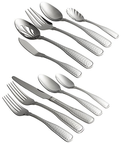 Jaf Gifts 65 Piece Silver Flatware Set - Stainless Steel Cutlery Service For 12 With Soup Spoon, Teaspoon, Dinner Knife, Dinner And Salad Fork Plus Serving Utensils - Hammered Design