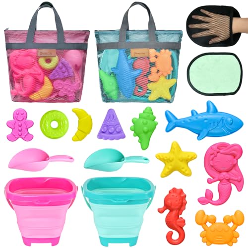 Photo 1 of Aclarastra Collapsible Beach Sand Toys for Kids - Travel Beach Toys with 2 Collapsible Beach Buckets, Mesh Bags, Animal Sand Molds, Sand Bucket Shovel Set Sandbox Toy for Toddler Kid Ages 3-5-7