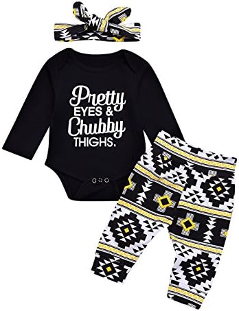 Tomfree Baby Boys Girls Pretty Eyes Chubby Thighs Funny Bodysuits Cotton Pants Headband Outfit (Black, 3-6M)