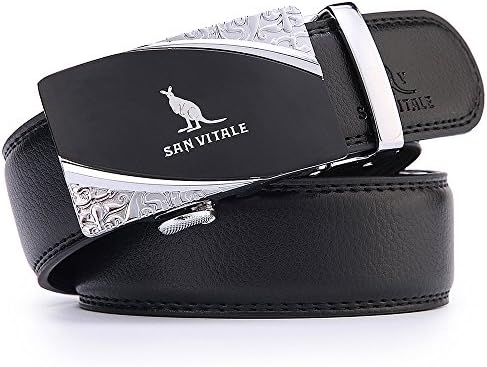 SAN VITALE Men's Solid Buckle with Automatic Ratchet Leather Belt 35mm Wide 1 3/8"