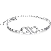 925 Sterling Silver Infinity Bangle Bracelet With Inspirational Message, Adjustable Sisters Bracelets Friendship Jewelry for Women Girls Love Gifts for Mother Daughter Wife