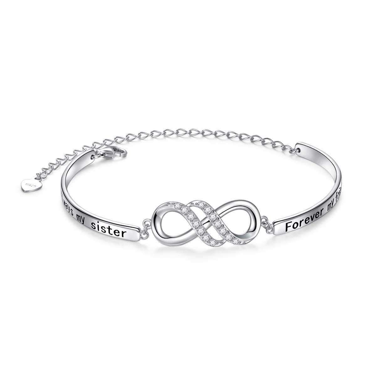 Flyow 925 Sterling Silver Infinity Inspirational Bracelet with Message Always My Sister, Forever My Friend, Adjustable Sisters Bracelets Friendship Jewelry for Women Girls