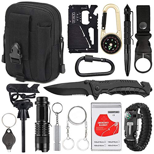 XUANLAN Emergency Survival Kit 15 in 1, Outdoor Survival Gear Tool with Survival Bracelet, Fire Starter, Whistle, Wood Cutter, Water Bottle Clip, Tactical Pen (Black)