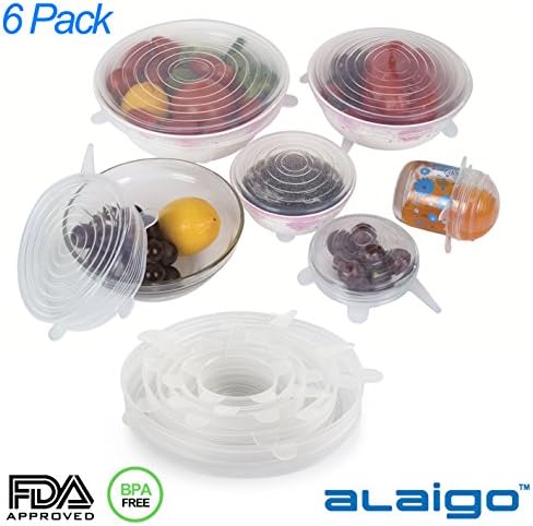 Alaigo Multi 6 Sizes Silicone Stretch Lids- Food and Bowl Covers-Reusable Seal Cover Lids- Food Storage Container Lids (Set of 6)