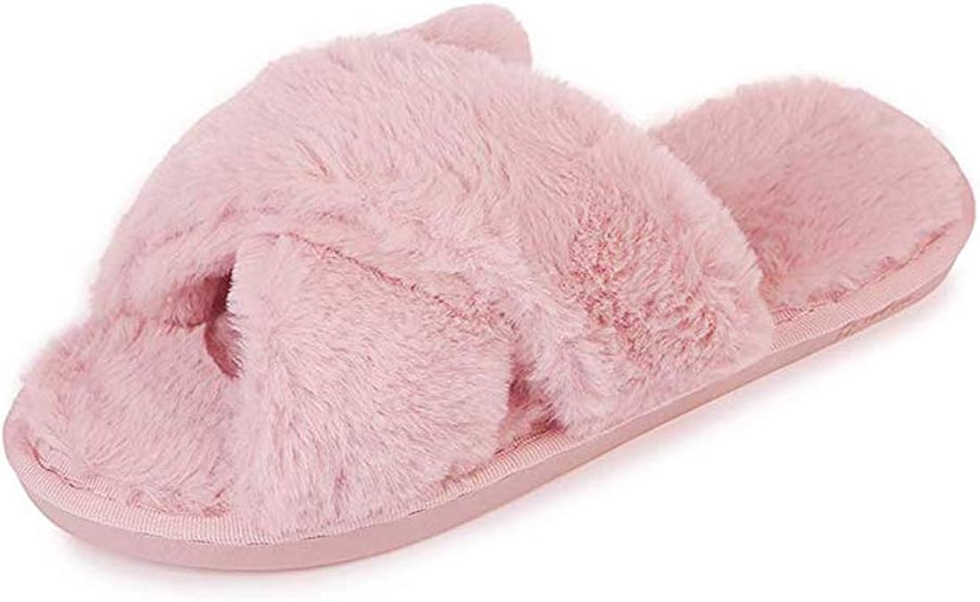 Pink Cross Slippers Fuzzy Fluffy Faux Fur House SPA Cute Open Toe