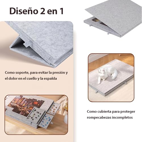 TTMXI Tablero para Rompecabezas 1500 Piezas, Mesa Plegable con 6 Cajones Organizadores, Puzzle Board Inclinable, Base Porta Rompecabezas 77x53.6 cm