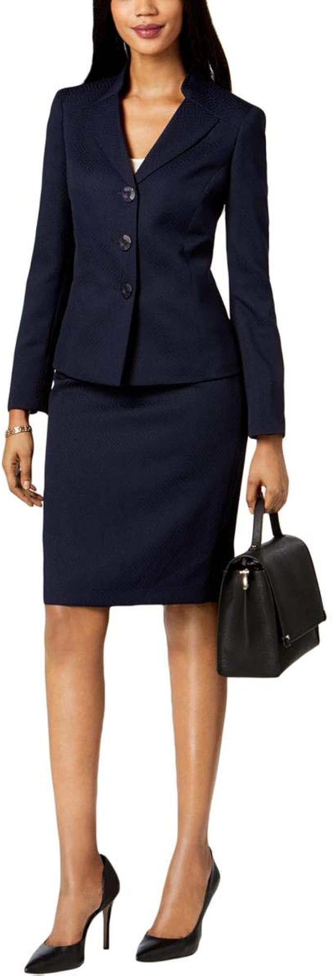 Le Suit Women's Jacquard 3 Button Collarless Skirt Suit