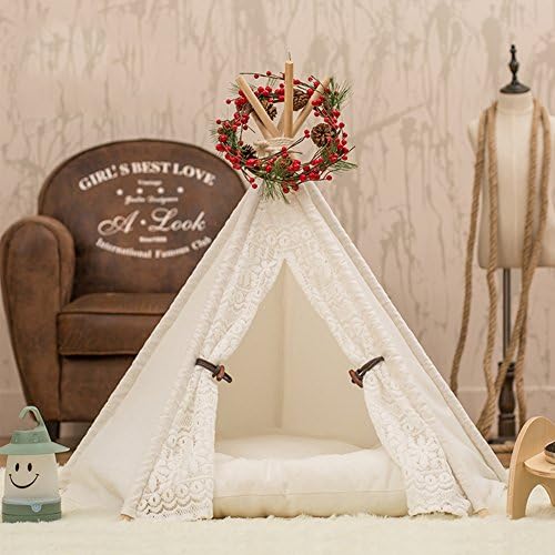 Pet Tent Dog Tent Cat Tent Doghouse Cat's Nest Removable Portable Washable Pet Bed ，Dog &amp; Cat Bed，White Lace Style ( with Cushion )