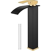 Airuida Waterfall Bathroom Tall Vessel Faucet Matte Black&Brushed Gold Vanity Sink Faucet Modern Single Hole Single Handle Farmhouse Lavatory Deck Mounted Mixer Tap Washbasin