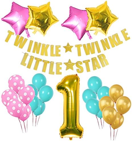 HMGOOD Twinkle Twinkle Little Star Glittery Gold Banner &amp; Number 1 Party Balloons Set Perfect for Baby Shower and First Birthday Party