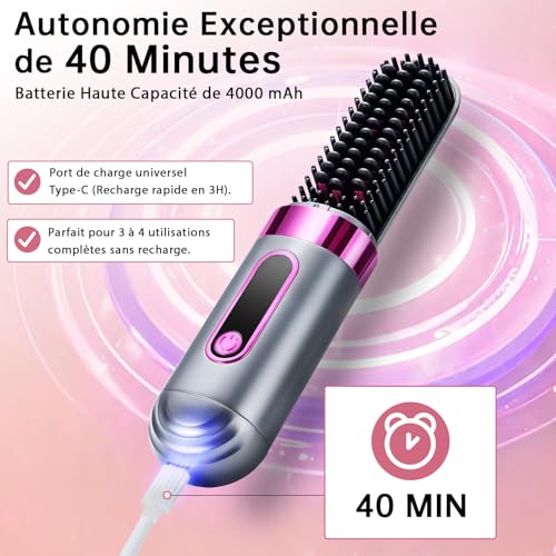 Frikmed Rechargeable Cordless Straightening Brush, 4000mh Mini Portable Heating Brush with LCD Display, 4 Temperatures 160-220°C, Anti-Frizz Ionic, USB-C, Travel Straightening Comb for Women