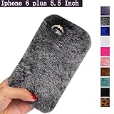 iPhone 6 6s Plus 5.5 Case, Fast Jewelry® Bling Crystal Rhinestone Design Fashion Colour Fluffy Soft Genuine Rex Rabbit Fur Winter Warm Case - Gray