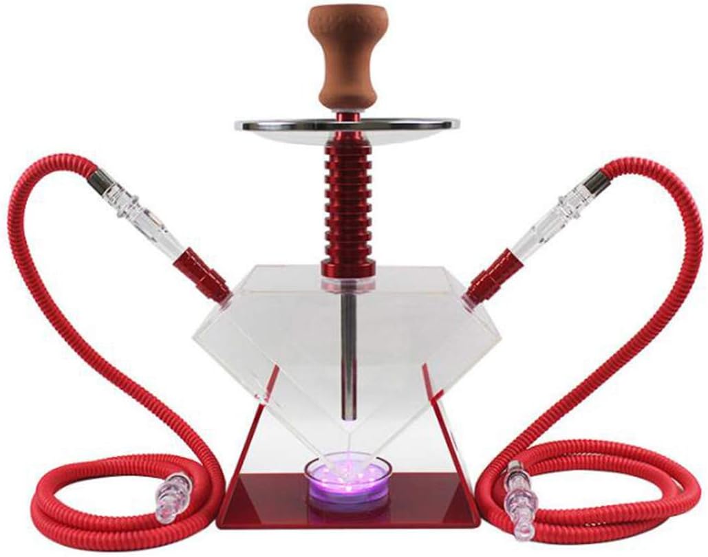 Hookah Set, Rhombus Acrylic Water Bottle Hookah with Pipe Hookah Hose and Hookah Accessories Arab Hookah Accessories with LED Light Portable Hookah,Red