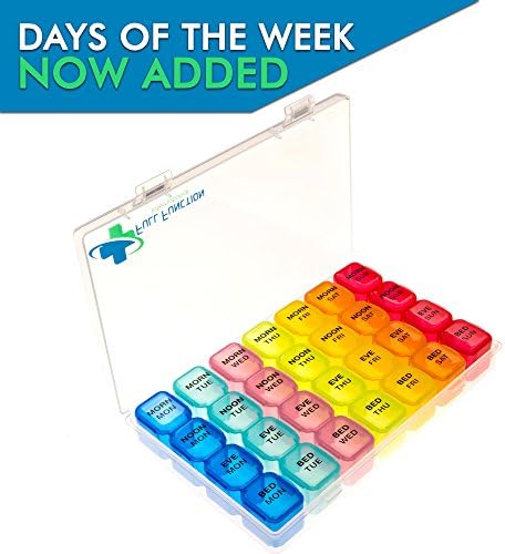 [2018 Model] Small 7 Day Pill Box &amp; 4 Times a Day Pill Organizer, Ideal for your Weekly Prescription Medication Needs, With Days of the Week Labeled