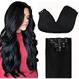 GOO GOO Clip in Hair Extensions Real Human Hair, Remy Human Hair Extensions Clip ins for Women, Natural Human Hair, 16inch 110g 7Pcs, 1 Jet black