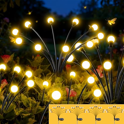 Solar Lights for Outdoor Garden, 4 Pieces Solar Fireflies 10 LEDs, Solar Lights for Outdoor Use with IP65 Waterproof Warm White 8 Light Modes Height Adjustable Swinging Solar Lights for Garden Walkway
