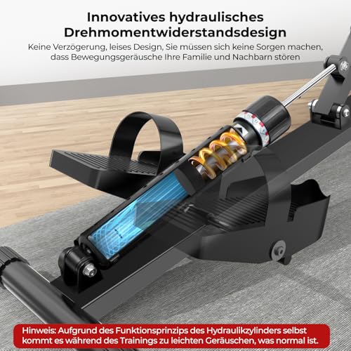 Rudergerät für Zuhause, Micyox Hydraulisches Fitness-Rudergerät mit 12 Widerstandsstufen, Multifunktionaler Rückenlehne, Micyox Heimtrainer Fahrrad Klappbar mit LCD-Display