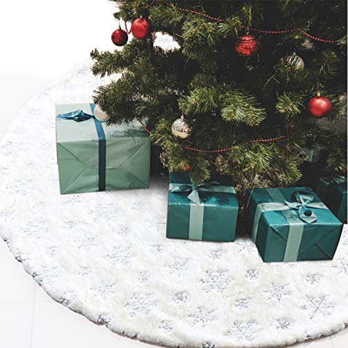 Lorfancy Christmas Tree Skirt, 48 inches Snowflake White Luxury Faux Fur Tree Skirt for Christmas Ornaments Decorations (Silver Snowflake) - Thumbnail 6