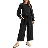 HWP Pants Sets Women 2 Piece Outfits Casual Smocked Top & High Waist Pants Lounge Sets with Pockets Boho Matching Set