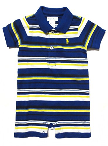 Ralph Lauren Infant One-piece, Stripes, Pique Cotton (9 Months, Royal Blue / Yellow / White / Yellow Pony)