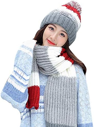 EnjoCho 2018 Women Scarf and Hat Set Knitted Girls Thick Knitting Collars Skull Caps Beanie Ball Hats (Gray)