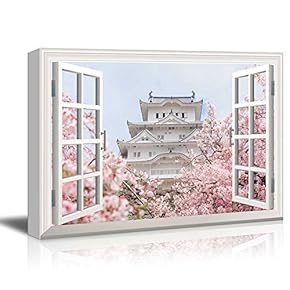 Window Peering into a Japanese Building with Pink Trees