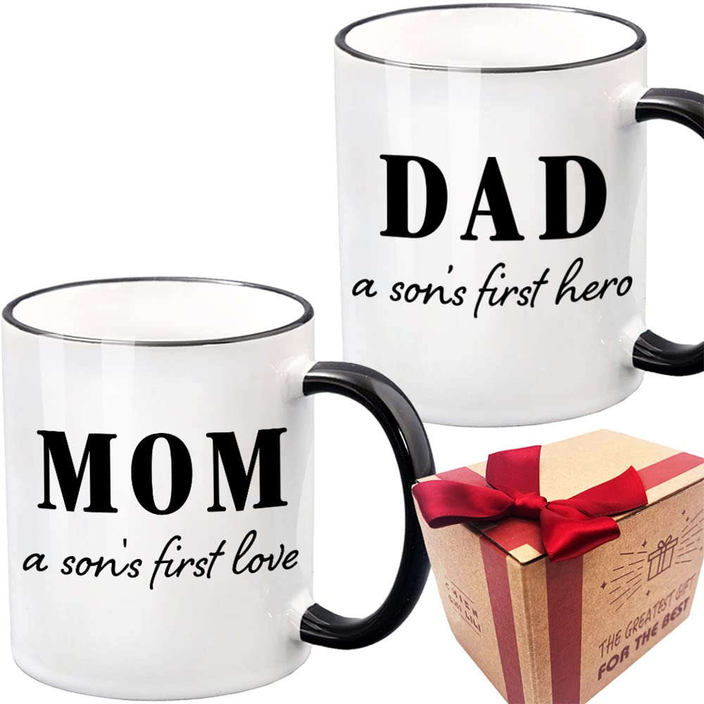 Photo 1 of SUUURA-OO EST 2025 Promoted to Be Mom Dad Mug Gifts, Est 2025 Baby Reveal Pregnancy Announcement Mug Gifts, Dad Mom A Son's First Hero Mug, New Mom Dad Mug Gift, New Parents to Be Gift