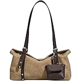 Women’s Vintage Suede Shoulder Bag, 2‑Strap Convertible Crossbody Handbag with Detachable Mini Pouch, Lightweight Boston Bag