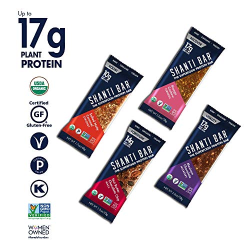SHANTI BAR Vegan Organic Superfood Protein Bar | 10g-17g Plant Based Protein | Raw Paleo Gluten Free Snack Bars | Performance Nutrition | Variety Bestsellers, 12 BARS