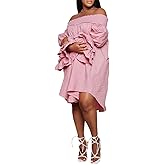 WOKANSE Women's Sexy Solid Color Layered Flare Sleeve Cold Shoulder A Line Shoulder Ruched Midi Dresses Night Out