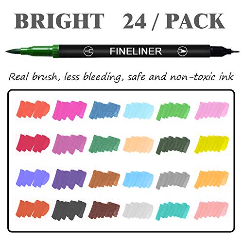 L\'aise vie Dual Markers Brush Pen, 0.4mm Fine Tip Markers & Brush Highlighter Pen Set of 24 for Adult Coloring, Journaling