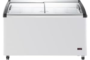 Duura Commercial Mobile Ice Cream Display Chest Freezer Sub Zero Temp Curved Glass Top Frost Free Lid with 6 Wire Baskets, 53.2 Inch Wide 15.2 Cubic Feet, White