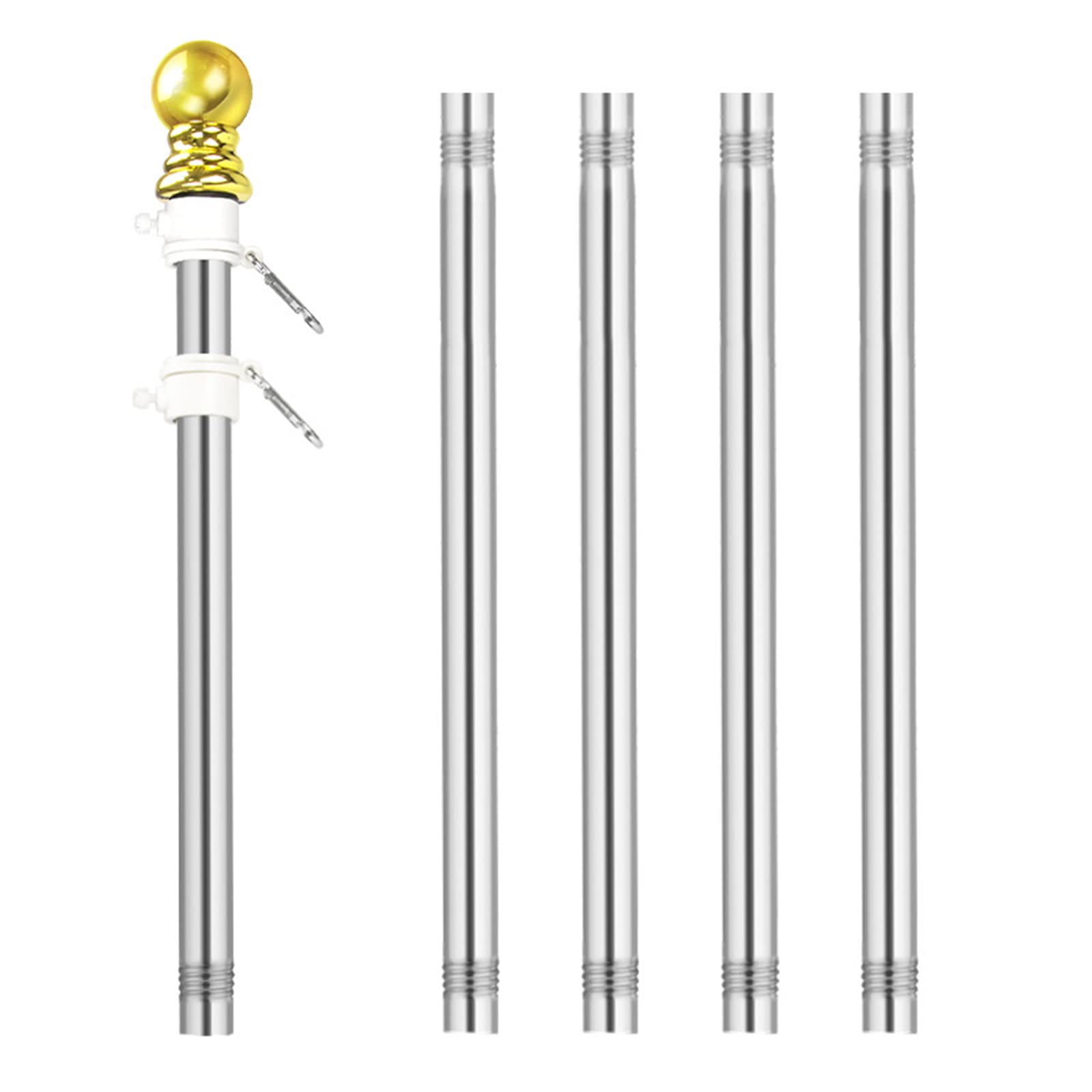 NCONCO 6 FT Flag Pole Kit, 5 Sections Stainless Steel Flag Pole, Two NO Tangle Ring Clips, Rotatable for Festival, Camping, School, Guide, Garden, House