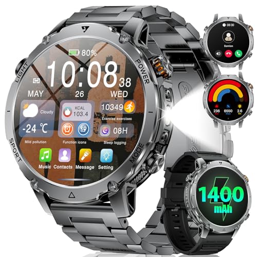 LIGE Men's Smart Watch, 1400 mAh Battery, 1.85 Inch HD Screen, LED Lamp, 110+ Modes Sport Military Watch Men, Sleep Tracking, IP68 Waterproof, Smartwatch for Android iOS, 2 Wristbands