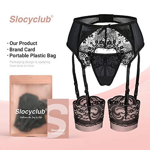 Slocyclub Women 3 Pieces Lace Garter Belt and Stockings Sets, Black, 2XL(US 10)