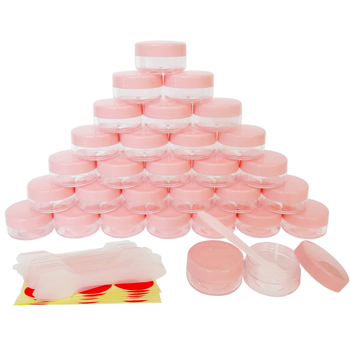 Wopanxye 30Pack 10 Gram Small Clear Cosmetic Sample 10ml Empty Containers for Make-up Gifts, Eye-Shadow, Nails, Powder, Gems, Beads, Jewelry, Cream, Pot Jars with Pink Lids + 30x Dispensing Spatulas