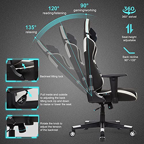 Intimate-WM-Heart-Silla-Gaming-de-Tela-Silla-Oficina-Ergonomica-Silla-Giratoria-Racing-Silla-Gamer-de-Respaldo-Alto-Ajustable-con-Apoyabrazos-Reposacabezas-y-Cojin-Lumbar-Negro-Blanca