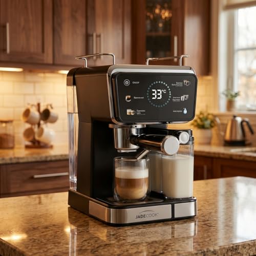 JadeCook Cafetera Espresso Retro Digital con Espumador de Leche, Pantalla Digital, Cappuccino, Latte, Americano, 1.5 lts, Panel Táctil, 20 bares de Presión con Bomba Italiana, Color Negro