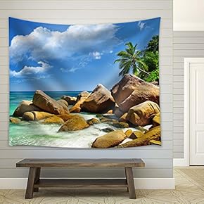 Tropical Beach with Boulders and Palm Trees - Fabric Tapestry, Home Decor - 51x60 inches