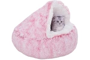 ZaneSun Calming Round Dog Beds &Cat Cave Bed with Hooded Cover,Plush Fluffy Dog Bed Anti-Anxiety Cat Cave Bed,Waterproof Bottom Washable (Pink, 20x20inch)