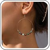 Yheakne Boho Wooden Bead Circle Dangle Earrings Hollow Circle Hoop Earrings Round Turquoise Drop Earring Brown Bead Hoop Earring Jewelry for Women