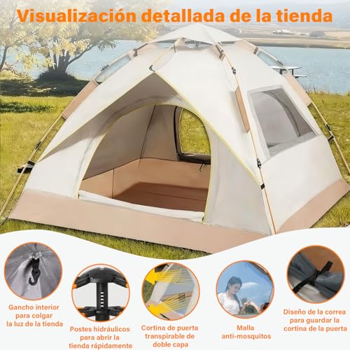 lemonsea Casa de Campaña 4 Personas, Tienda de Campaña Impermeable Ligera, Montaje Rápido Automática con 2 Puertas Ventiladas e Incluye Bolsa Transporte para Camping, Enderismo y Picnic (Blanco Roto)