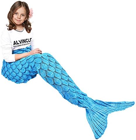 eCrazyBaby Wearable Mermaid Tail Blanket Crochet, All Seasons Warm Knitted Bed Blankets Sofa Living Room Quilt for Kids, Fish-Scales Pattern, 55.1" x 27.6" (140 x 70cm), Light Blue