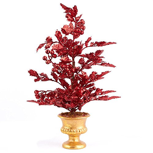 Factory Direct Craft Red Sparkling Artificial Holly Topiary with Gold Painted Base