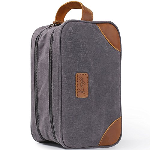 Kemy's Mens Toiletry Bag leather Canvas Toiletries Travel Bag Waxed Grooming Shaving Bags for Men Dopp Dob Dobb Kits Toilet Hygiene Bathroom Bag Double Compartment for Traveling Waterproof Gifts Gray